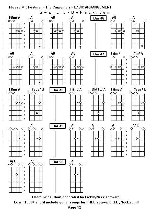 Chord Grids Chart of chord melody fingerstyle guitar song-Please Mr Postman - The Carpenters - BASIC ARRANGEMENT,generated by LickByNeck software.